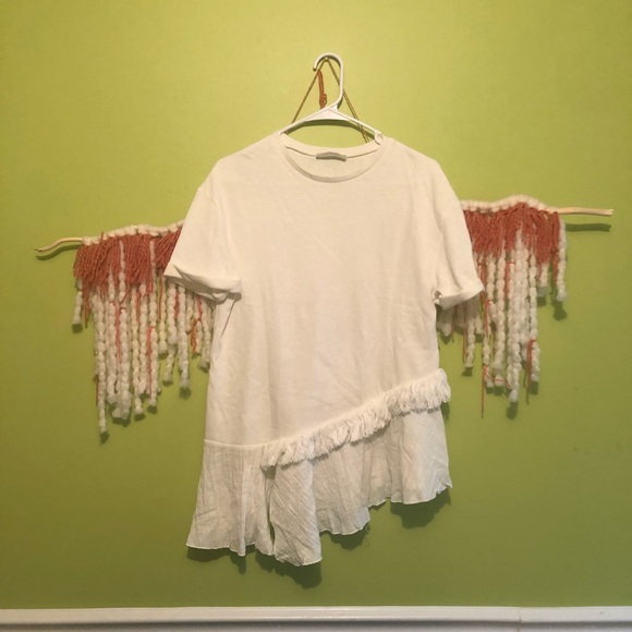 Zara white short sleeve asymmetrical fringe top - Picture 14 of 16